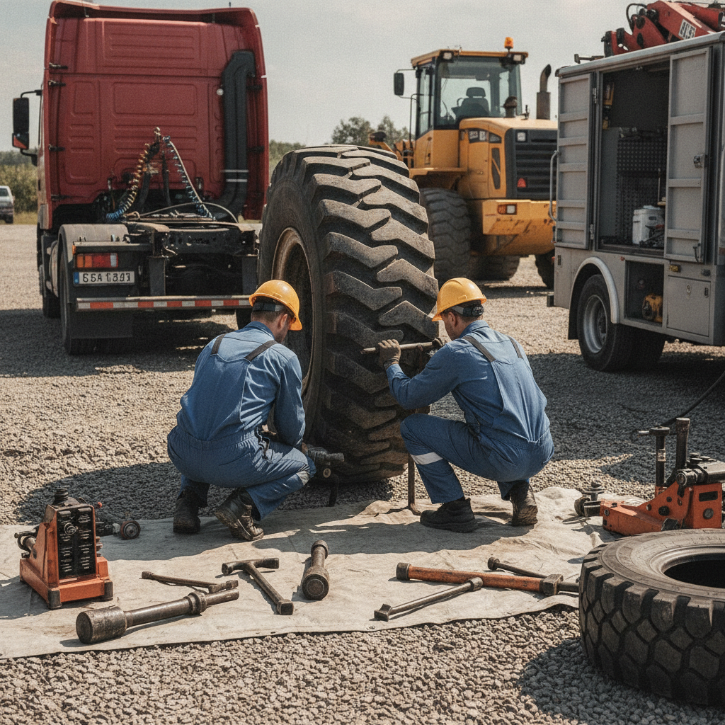 Create a realistic, professional service-business photograph showing Heavy Duty Tire Service from behind, with the backs of their heads visible. Do not show any faces, facial features, front-facing views or side views, profiles, or identifi